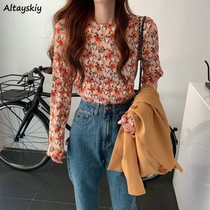 Tshirt Floral Vintage Long Rleeve Podstawowy elegancki szeks tee allmatch oneck żeńskie topy retro wiosna jesienna szyfon 240228