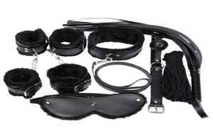 7in1 BDSM Bondage Gear Sex Restraints Kit Fetish Handcuffs Ankle Cuffs Mouth Gag Spanking Whip Slave Collar Blindfold BLACK FURR7166947