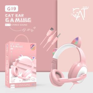 Headphone/Headset Headphone Computer Wired Headset Adorable Ear Glowing Earphone 3 5mm USB Gaming Wired Headset G19 Noise Cancel Earphone