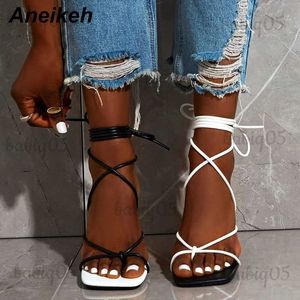 Sandalet Aneikeh 2023 Moda Seksi Dantel Up Kadınlar Sandalet Kare Toe 9cm İnce Topuk Çapraz Bağlı Parti Ayakkabı Yüksek Topuk Siyah Beyaz Boyut 35-42 T240301