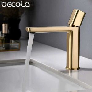 Bathroom Sink Faucets Becola Basin Sink Bathroom Faucet Deck Mounted Hot Cold Water Basin Mixer Taps Brush Golden Matte Black Lavatory Sink Tap Crane Q240301