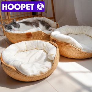 Hoopet Four Seasons Pet Bed Kennel For Cat Puppy Dog Beds Soffa Handmade Bambu Weaving Cat Cozy Nest Pet Accessories 240222