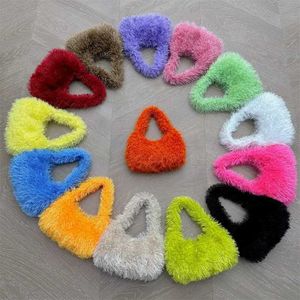 Evening Bags 2023 Cute Fluffy Korean Japanese Fashion Hobo Bag Comfortable Candy Color Fur Winter Trend Handbag Zipper Closure Wholesale J240301