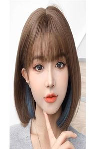 Peruk Cosplay Haze Blue Ear Dye Bob Hair Short Straight Synthetic Hair Daily Wigs3733511