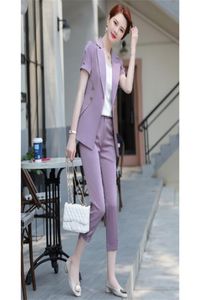 Purple Kobiety Suits Zestawy lodu plus rozmiar 4xl 5xl krótkiego rękawu Blazer żeńska 2020 Eleganckie spustowe spodnie 2 -częściowe RM502697395998