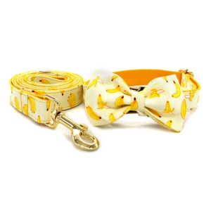 Sets Dog Collar Personalized Designer Cute Dog Collar and Leash Set Yellow Bananas Bowtie Dog Collar with Matching Leash Gold