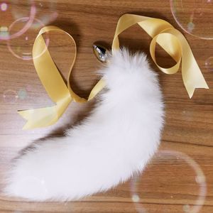 40cm/16" Real Genuine White Fox Fur Tail Plug Anal Plug W Silk Adult Love Sweety Sex Game Cosplay Toys