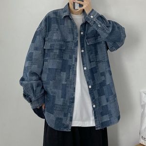 Instagram retro distressed plaid denim Men's Casual Shirts women's trendy street bf style loose couple work clothes thin jacket