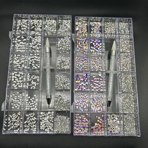 Mixed AB Red Blue Glass Crystal Diamond Flat Nail Art Decoration 21 Grid Box Nails Accessories Set With 1 Pick Up Pen 240219