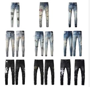 Calça jeans masculina de grife, calça skinny de perna reta, calça rasgada