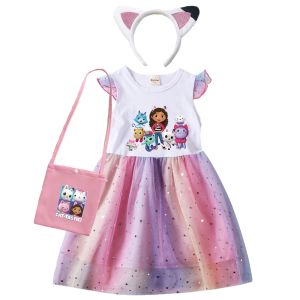 Trajes Adoráveis ​​dos desenhos animados Gabby Cats Fly Sleeve Baby Girl Dress com saco e bandana Kids Gabby's Dollhouse Cosplay Costume