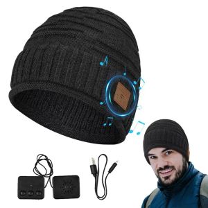 Hörlurar vinter beanie hatt unisex beanie mjuk svart stickad hatt trådlös bt ​​5.0 smart cap hörlurar headset