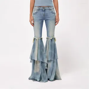 Damen Jeans 2024ss Frühling und Sommer reine Baumwolle gewaschen Denim Chiffon Nähte hohe Taille Y2k Mode lässig ausgestellte Hosen