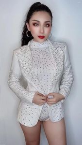 Sahne Giyim Sparkly Rhinestones Pearls Bodysuit Ceket Doğum Günü Akşam Seksi Kostüm Kadın Dans Performans Kıyafet Seti Daxibai