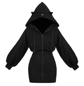 Pentagramm-Reißverschluss, süße Katzenohren, Mond-Aufdruck, langes Sweatshirt, schwarze Damen-Punk-Gothic-Kapuzenjacke, Damen-Herbst-Slim-Jacke Y2007061800965