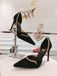 24SS Summer Sexy Rene Margot Crystal Dress Shoes Snake Wrapped High Heels Butterflies Strappy Party Dress Wedding black Suede 35-43