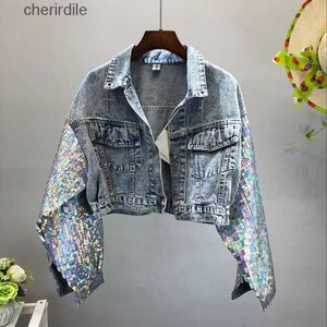 Women's Jackets Design Punk Style Women Spring Coat Sequins Sleeve Women Denim Long Coat Crop Abrigos Mujer Female 240301