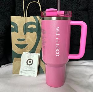 US Stock Co-Branded pink Flamingo H2.0 40oz Stainless Steel Tumblers Cups with Silicone handle Lid Straw Travel Car mugs 1:1 Smae logo Cosmo Pink Water Bottles