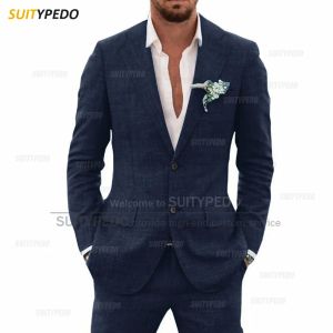 Suits Classic Linen Suit Set For Men Wedding Party Groomsman Fashion Costumes Custom Holiday Casual Beach Blazer Pants 2 Pieces