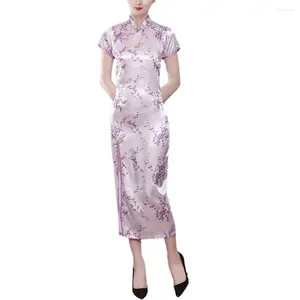 Roupas étnicas Mulheres Cheongsam Vestido Stand-up Collar Elegante Faux Cetim Longo Estilo Chinês Stand Manga Curta Qipao Flor