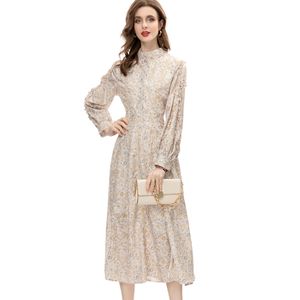 Women's Runway Dresses Stand Collar Long Lantern Sleeves Printed Fashion High Street Mid Vestidos