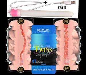 YouCups Dual Channel Male Masturbation Cup Silicon Realistic Vagina Adult Sex Toys for Men Penis Fake Pussy Masturbator for Man Y17901449