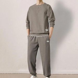 Tracksuits masculinos homens moletom calças conjunto de manga comprida tracksuit casual waffle textura terno com cintura elástica para o outono