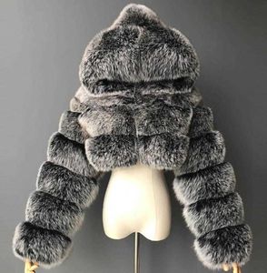 Kvinnor Fashion Winter Faux päls beskuren kappa fluffig zip huva varm kortjacka Y10156852976