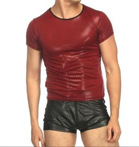 Men039S tshirts Mens Pu Leather Shirt Kort ärm T Nightclub Stage Show Toppar Sexiga män Kläder Slim Dance Clubwear Gothic Tee5082311