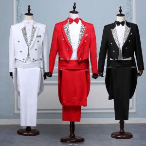Garnitury mężczyźni biały czarny czerwony żakardowy płaszcz z ogonem scena piosenkarka Kostium Homme Wedding Groom Prom Tuxedo Suits Men Suit (kurtka+spodnie)