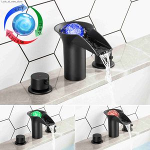 Bathroom Sink Faucets SKOWLL 8-inch wide front bathroom faucet with 3 holes LED waterfall dressing table sink faucet color changing water faucet matte black Q240301