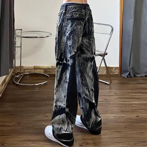 Dżinsy damskie czarne dżinsy remis barwnik Gothic Gothic Retro Street Denim Casual Hip Hop Spodnie luźne pranie z prośbą nogi szeroką nogę spodnie