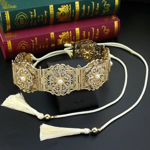 Neovisson Marocko High Quality Belt Elegent Gold Color Crystal Pearl Hand Rep midja kedja Kaftanbältet Arabiska brudsmycken 240227