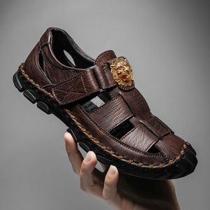 New luxury leisure baotou leather hole lazy man slip-on men's beach shoes Brand Luxury Slippers T48
