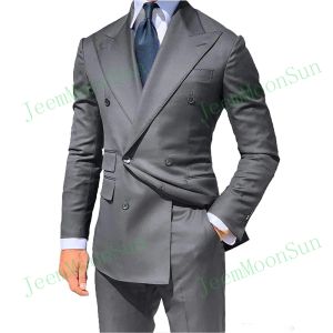 Suits Tailor Made Grey Men Suits Peak Lapel Men Blazer Two Piece Jacket Black Pants Slim Fit Groom Wedding Tuxedos Costume Homme