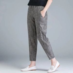 Capris nuovo arrivo pantaloni da donna estivi moda coreana pantaloni a vita alta sottili casual harem pantaloni di lino in cotone a righe