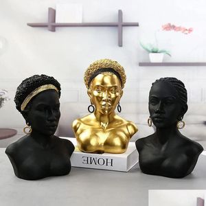 Figurine di oggetti decorativi Figurine di oggetti decorativi Sculture d'arte africane Creative Lady Busto nero Statua americana Artigianato in resina Dh9Os