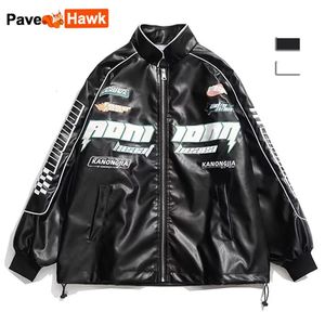 Stickerei Lederjacken Männer Frauen Racing Patchwork High Street Herbst Übergroße Y2k PU Baseball Mantel Vintage Outwear Paar 240228