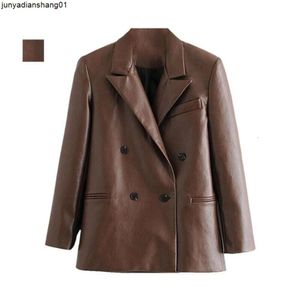 Women Spring and Autumn Coat European Retro Double-breasted Fuax Leather Pu Blazer Suit Femme Fashion Casual Jacket Tops Womens Faux