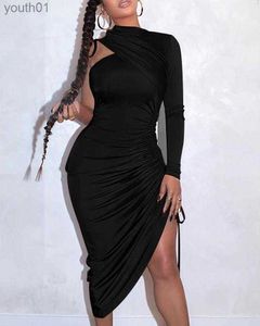 Basic Casual Dresses Casual Dresses Sexy Shoulder Drstring Ruched Bodycon Dress Solid Long Sleeve Mid-calf Night 240302