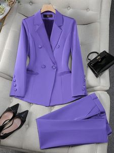 ファッションオフィスレディースフォーマルパンツスーツセット女性ブルーピンク黄色の女性ビジネスワークウェア2ピースブレザージャケットとズボン240221