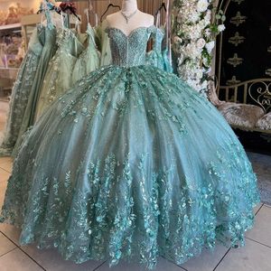 Mint Green Ruffles cekinowa koronkowa suknia balowa Quinceanera Sukienki z ramion Kryształ Corset Vestidos de 15 anos