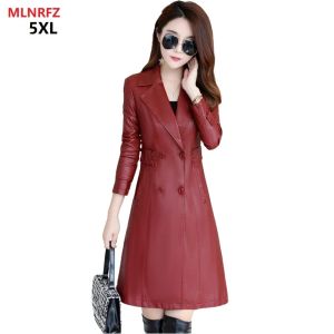 Pele primavera casaco de couro real das mulheres plus size casual longo fino rua moda casacos de couro de ovelha feminino outono blusão jaqueta