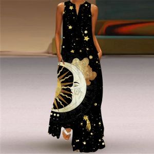 Klänning 2023 Elegant Star Moon Printed Dresses for Women Summer Böhmen Vintage Sleeveless V Neck Long Dress Party Maxi Dresses Vestidos