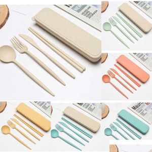 Storage Bags New Storage Bags 4Pcs/Set Dinnerware Sets Creative With Case Plastic Knife Fork Spoon Chopsticks Travel Cutlery For Kitch Dhliw
