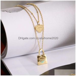 Anynecklace Steel T Classic Blue Oil Drop Lock Love Double Layer Necklace For Women 18K Gold Sweet Collar Drop Delivery Dhrnn