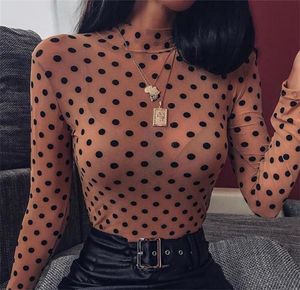 Women039s Bluzki koszule damskie Sheer Mesh TOP TEE Casual Sexy T Lady Long Sleeve Turtleck Dots Sling Pullover Club S3408792