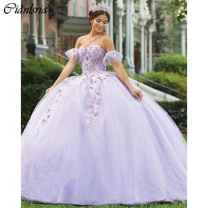 Lilac Off The Shoulder Ball Gown Quinceanera Dresses Illusion 3D Floral Lace Corset Vestidos De 15 Anos