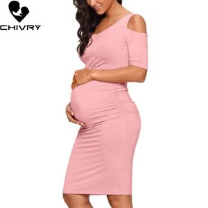 Dresses Chivry New Maternity Women Pregnancy Dresses Mama Clothes ONeck Solid Sexy Off Shoulder Bodycon Pregnant Women Casual Dress