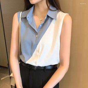 Kadın bluzları yaz kolsuz şifon gömlek kadın düğmesi bayan bayan moda patchwork rahat üst kıyafetler 25359